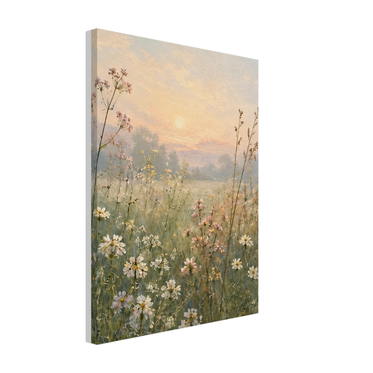 Daisies and pink wildflowers in a green meadow beneath a peach sunrise as a canvas print.