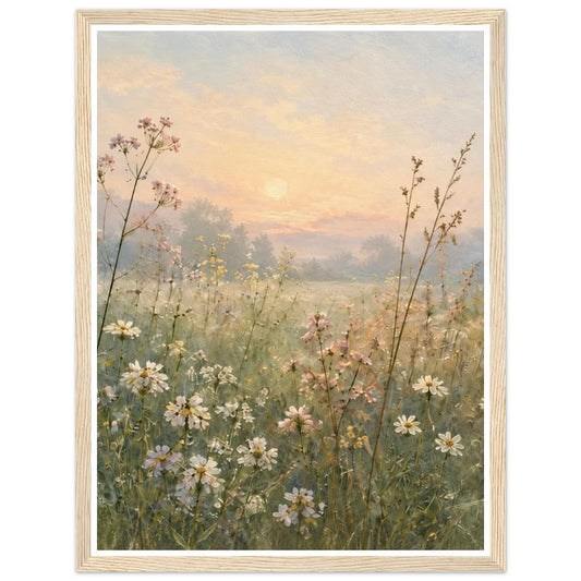 Daisies and pink wildflowers in a green meadow beneath a peach sunrise in a natural wood frame.