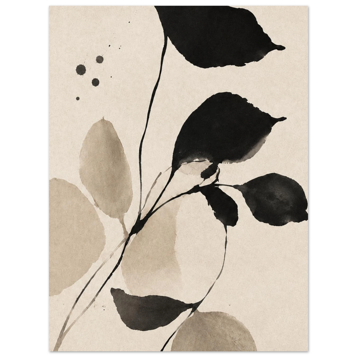 Black and taupe leaves on slender stems against a cream background as an unframed poster.