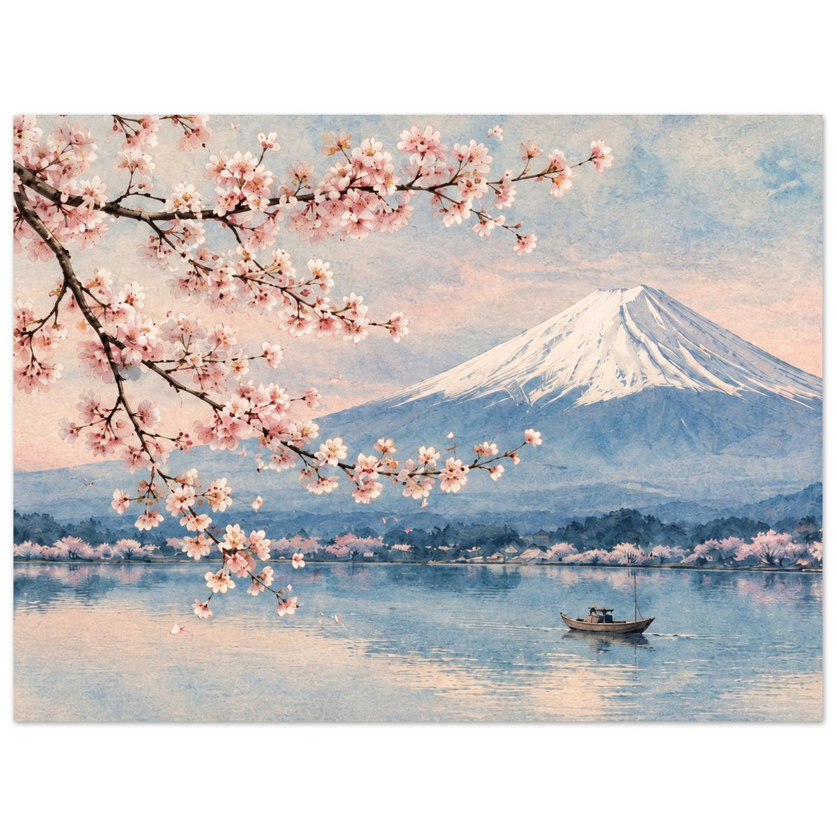Pink cherry blossoms framing snow-capped Mount Fuji above a blue lake as an unframed poster.