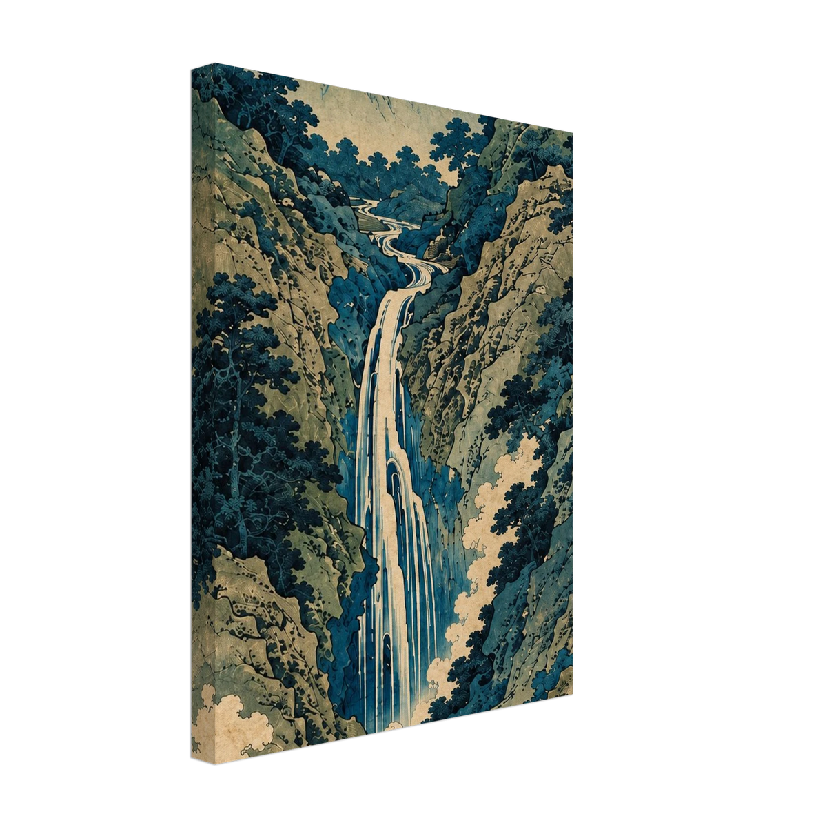Tall waterfall between blue-green wooded cliffs with mountains in the distance printed on canvas.