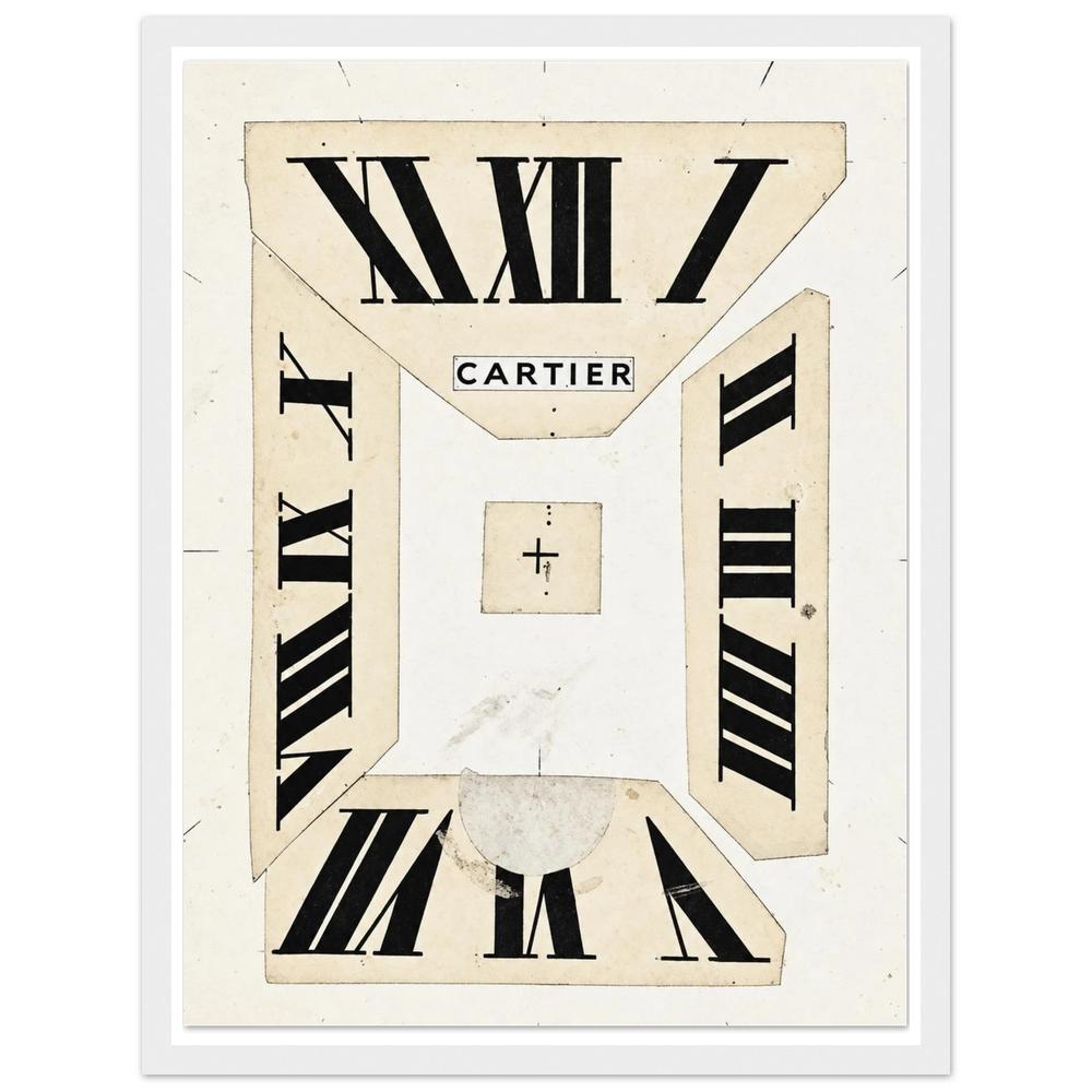 Fragmented ivory clock face with oversized black Roman numerals in a white frame.