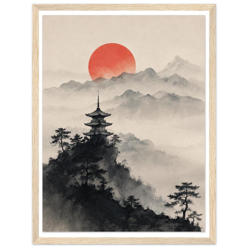 Pagoda above dark pine trees, misty mountains and a red sun on a cream sky in a natural wood frame.