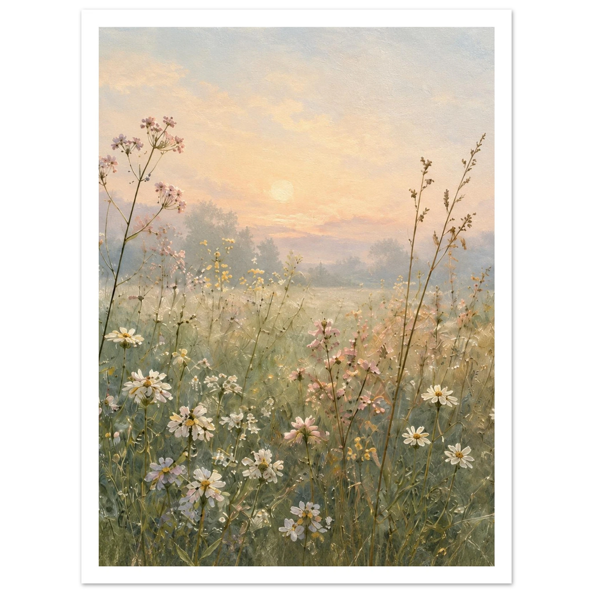 Daisies and pink wildflowers in a green meadow beneath a peach sunrise as an unframed poster.