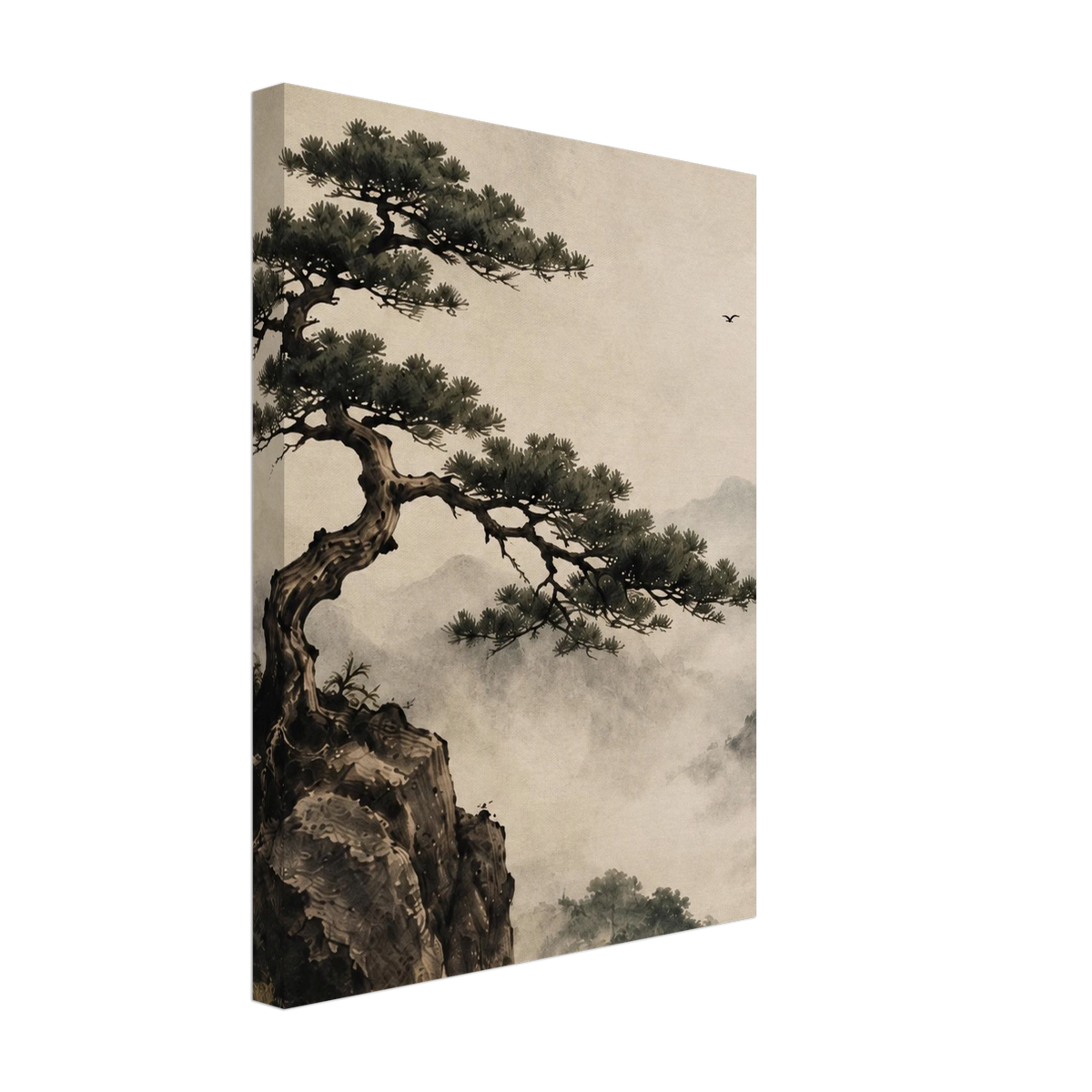 Pine tree reaching from a rocky cliff above misty mountains with birds in the sky printed on canvas.