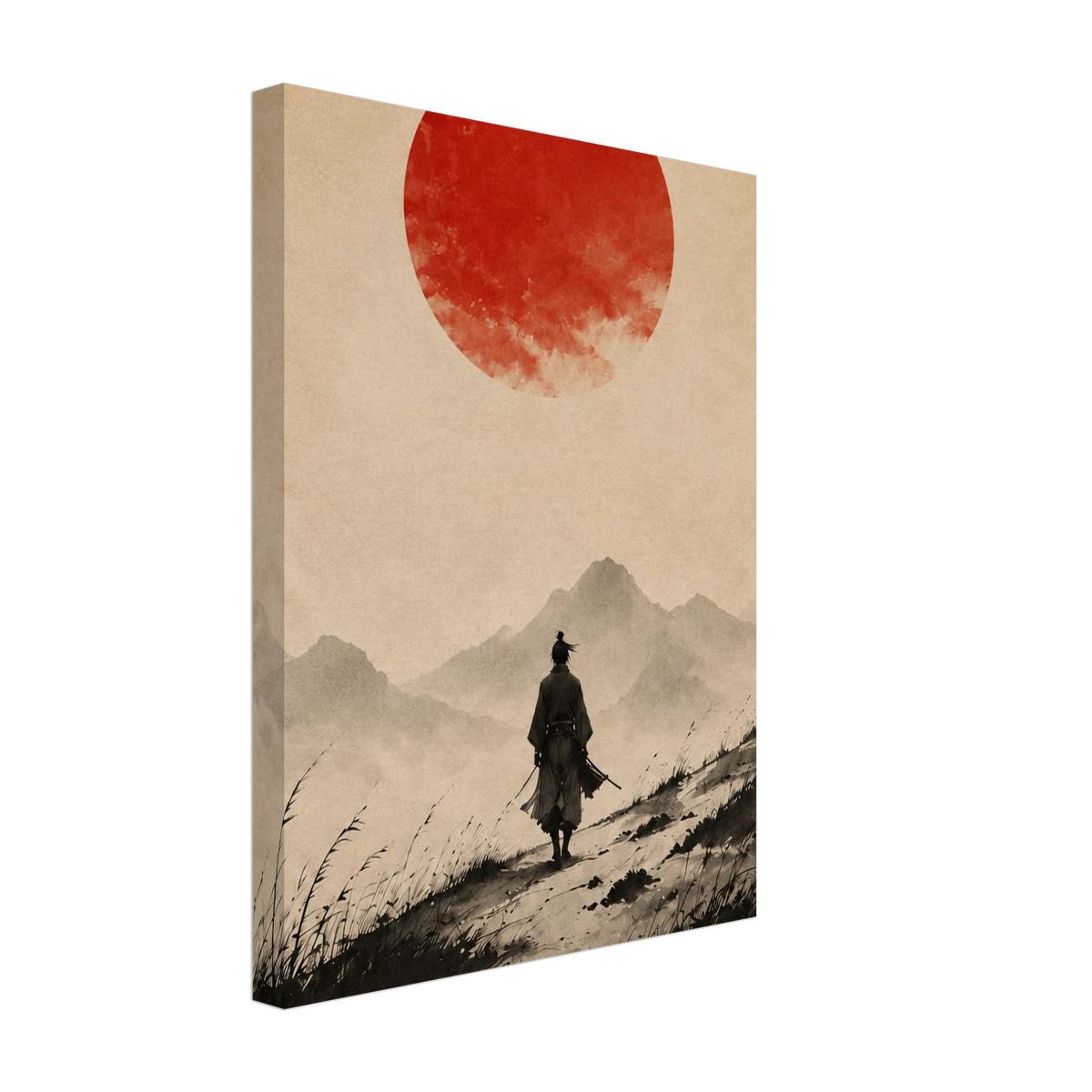 Lone samurai on a mountain path beneath a large red sun in a beige sky printed on canvas.