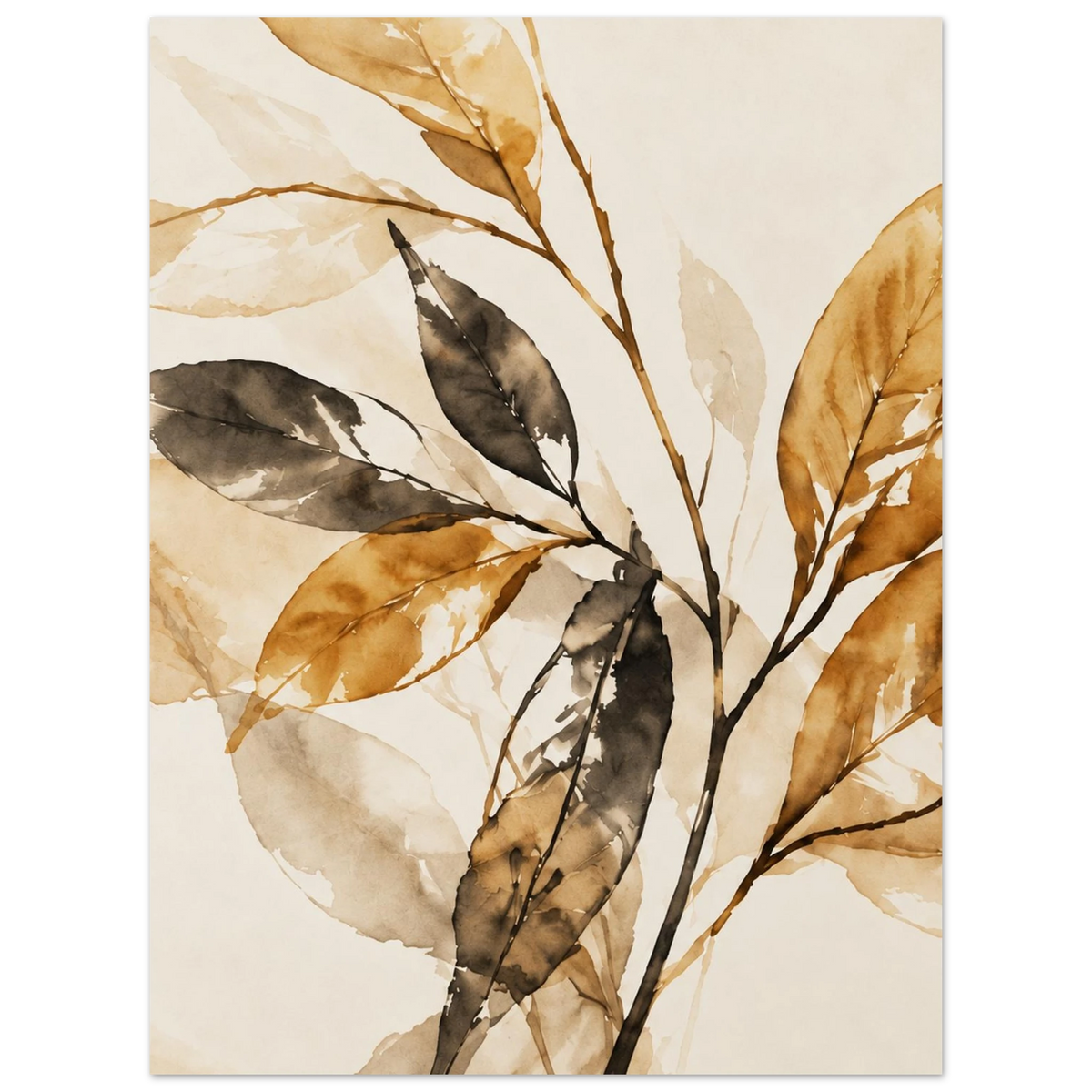 Ochre, charcoal and beige leaves on delicate branches against cream as an unframed poster.