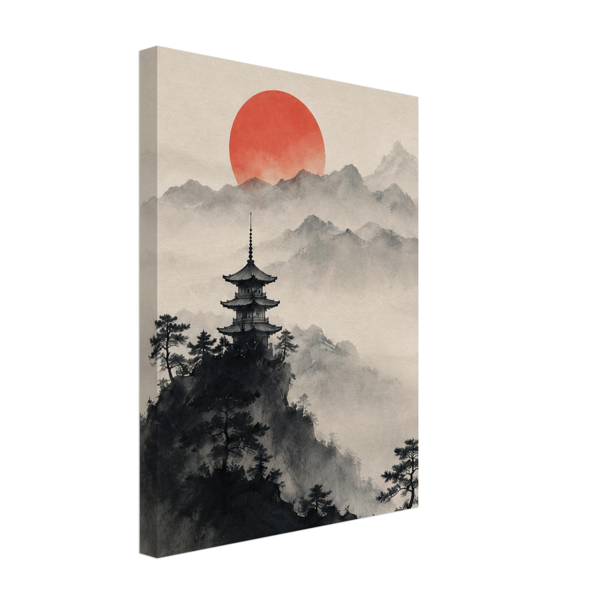 Pagoda above dark pine trees, misty mountains and a red sun on a cream sky printed on canvas.