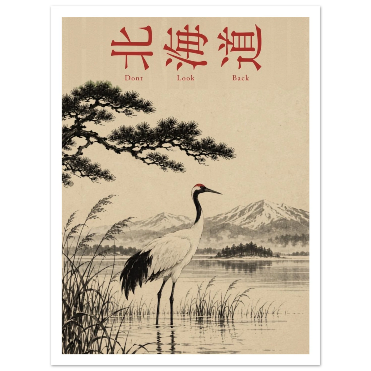 Crane among lakeside reeds beneath pine branches and red Hokkaido lettering as an unframed poster.