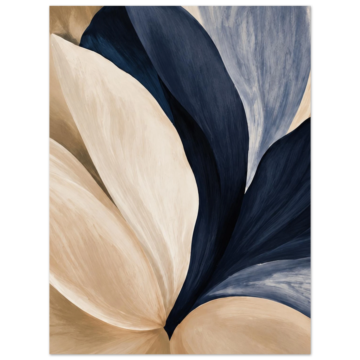 Overlapping navy, blue-grey and cream flower petals in close-up as an unframed poster.