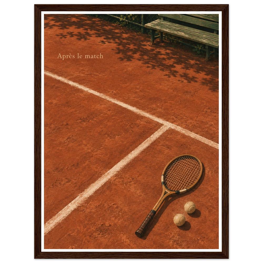 Wooden tennis racket and two balls on a terracotta court with leafy shadows in a dark wood frame.