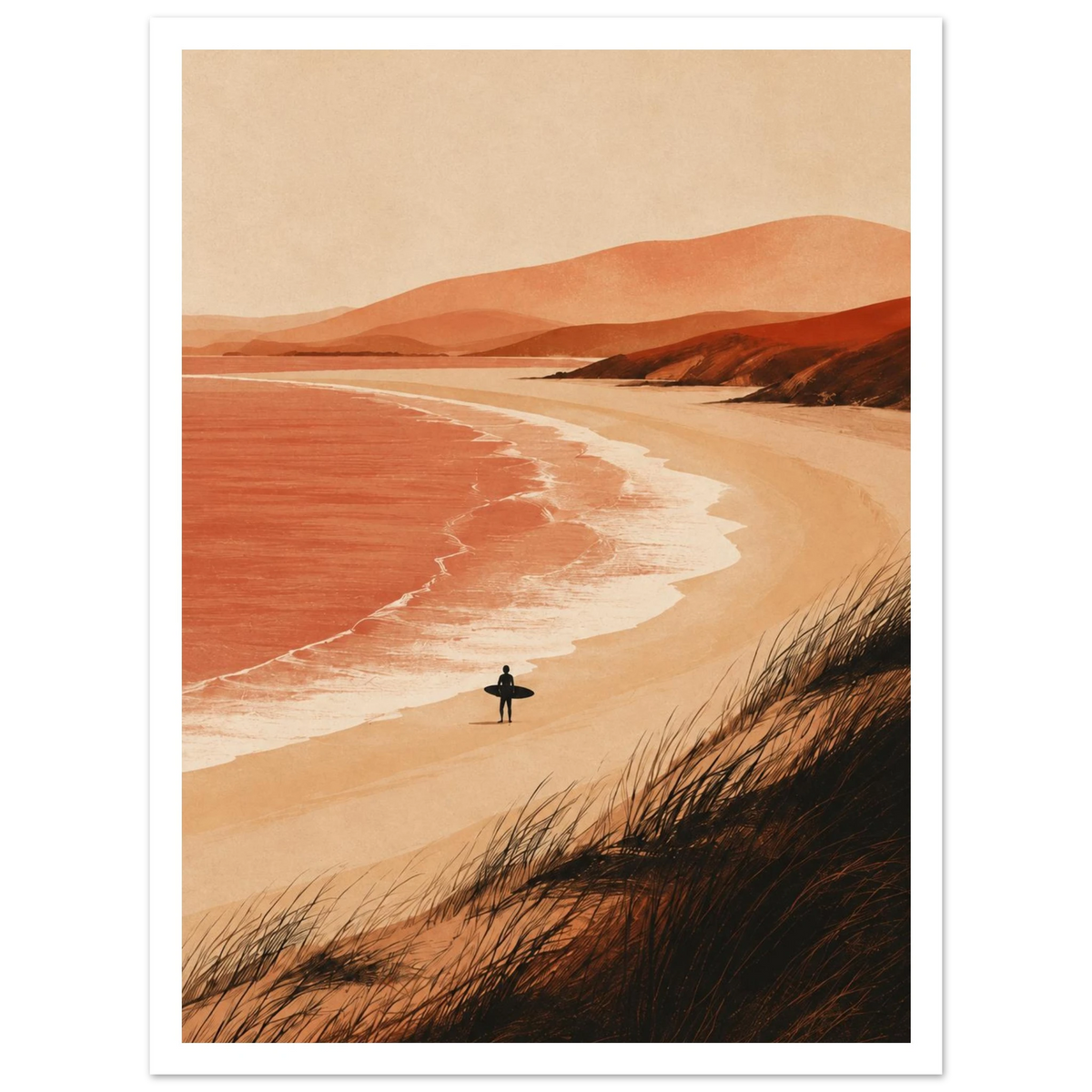 Lone surfer on a sandy beach beside coral waves and terracotta dunes as an unframed poster.