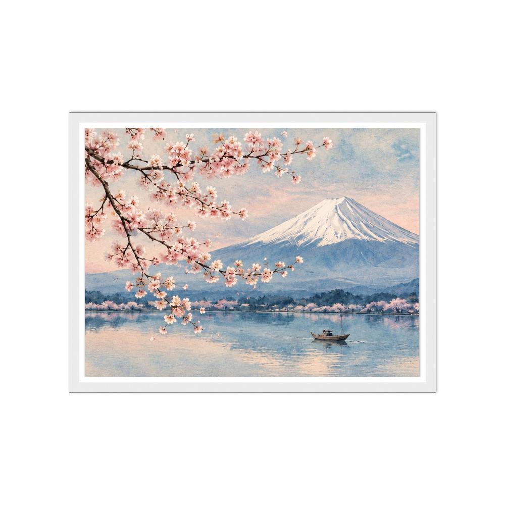 Pink cherry blossoms framing snow-capped Mount Fuji above a blue lake in a white frame.
