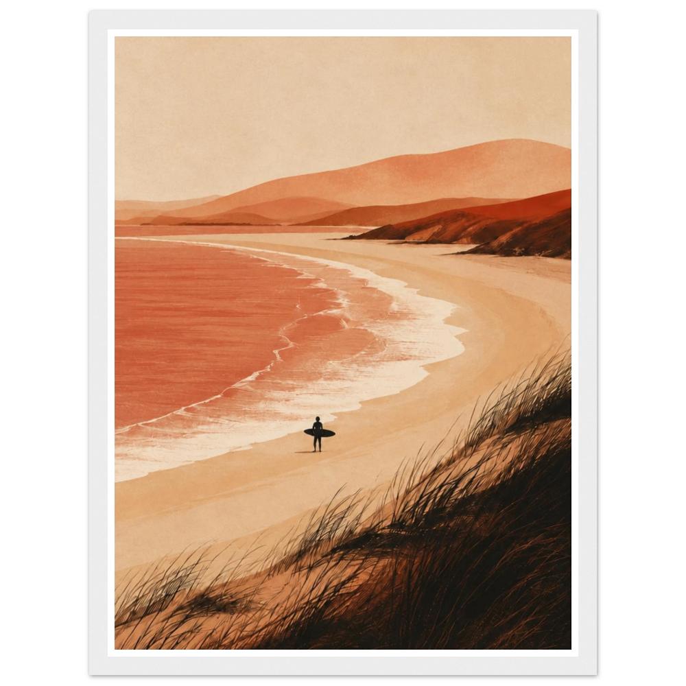 Lone surfer on a sandy beach beside coral waves and terracotta dunes in a white frame.