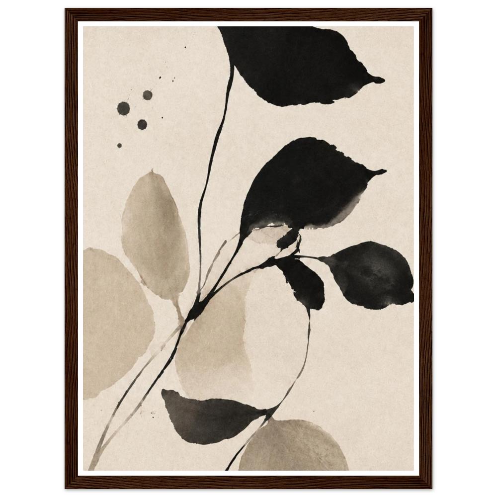 Black and taupe leaves on slender stems against a cream background in a dark wood frame.