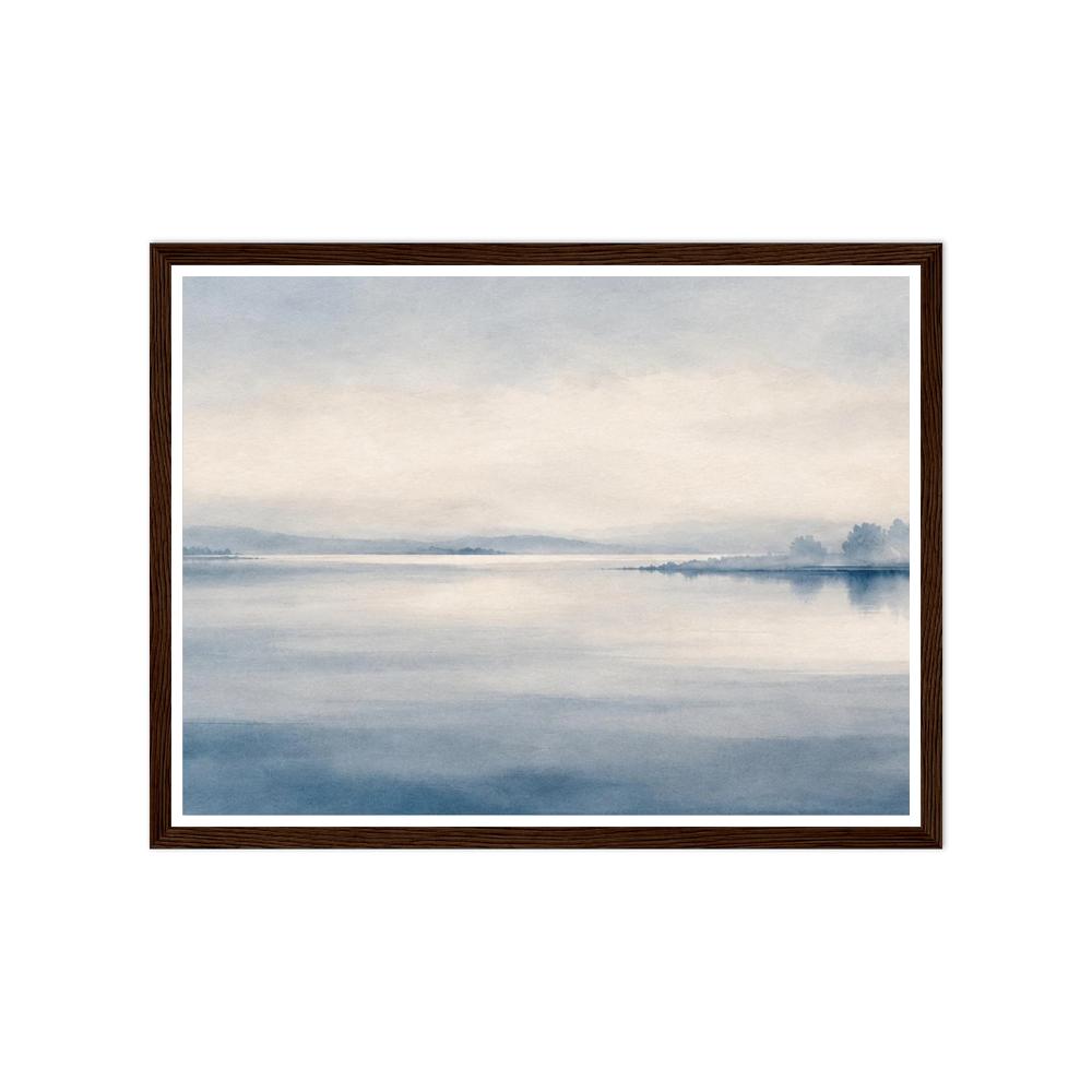 Still blue lake and a distant misty shoreline beneath a pale sky in a dark wood frame.