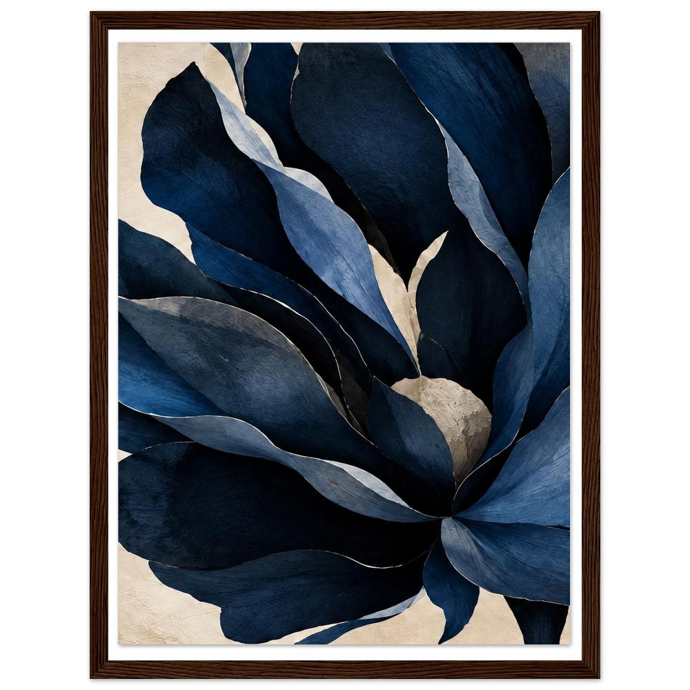 Oversized navy blue flower petals on a textured cream background in a dark wood frame.