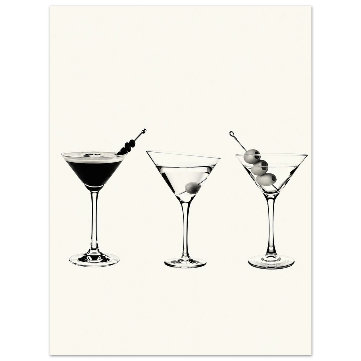 Three martini glasses with cocktail garnishes on a cream background as an unframed poster.