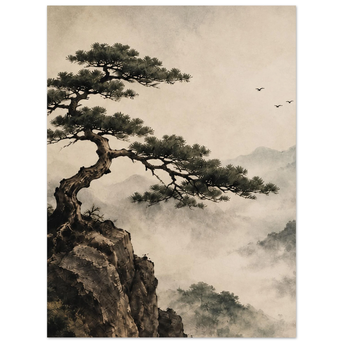 Pine tree reaching from a rocky cliff above misty mountains with birds in the sky as an unframed poster.