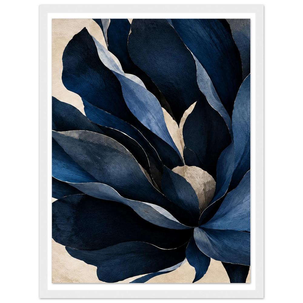 Oversized navy blue flower petals on a textured cream background in a white frame.