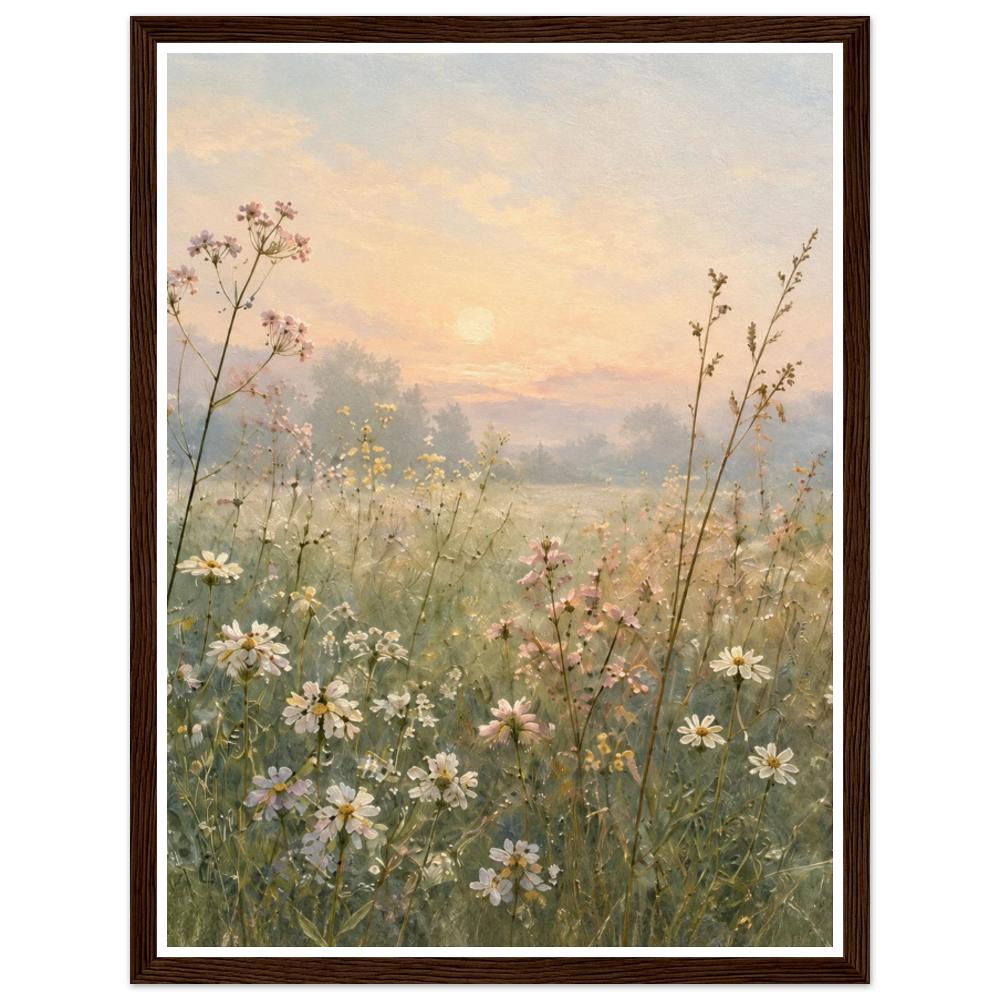 Daisies and pink wildflowers in a green meadow beneath a peach sunrise in a dark wood frame.