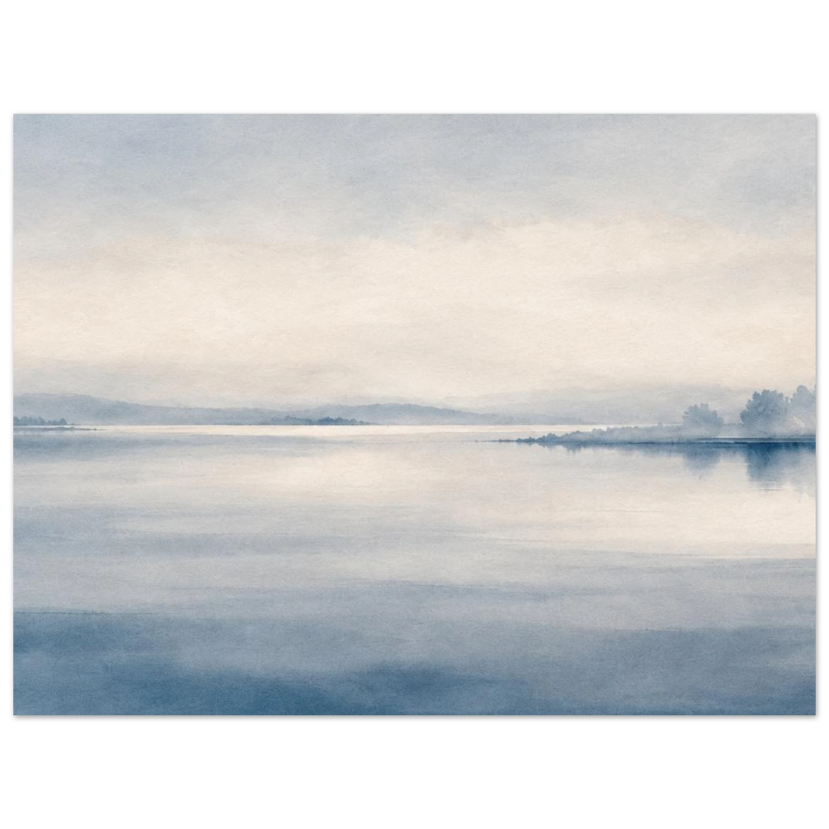 Still blue lake and a distant misty shoreline beneath a pale sky as an unframed poster.