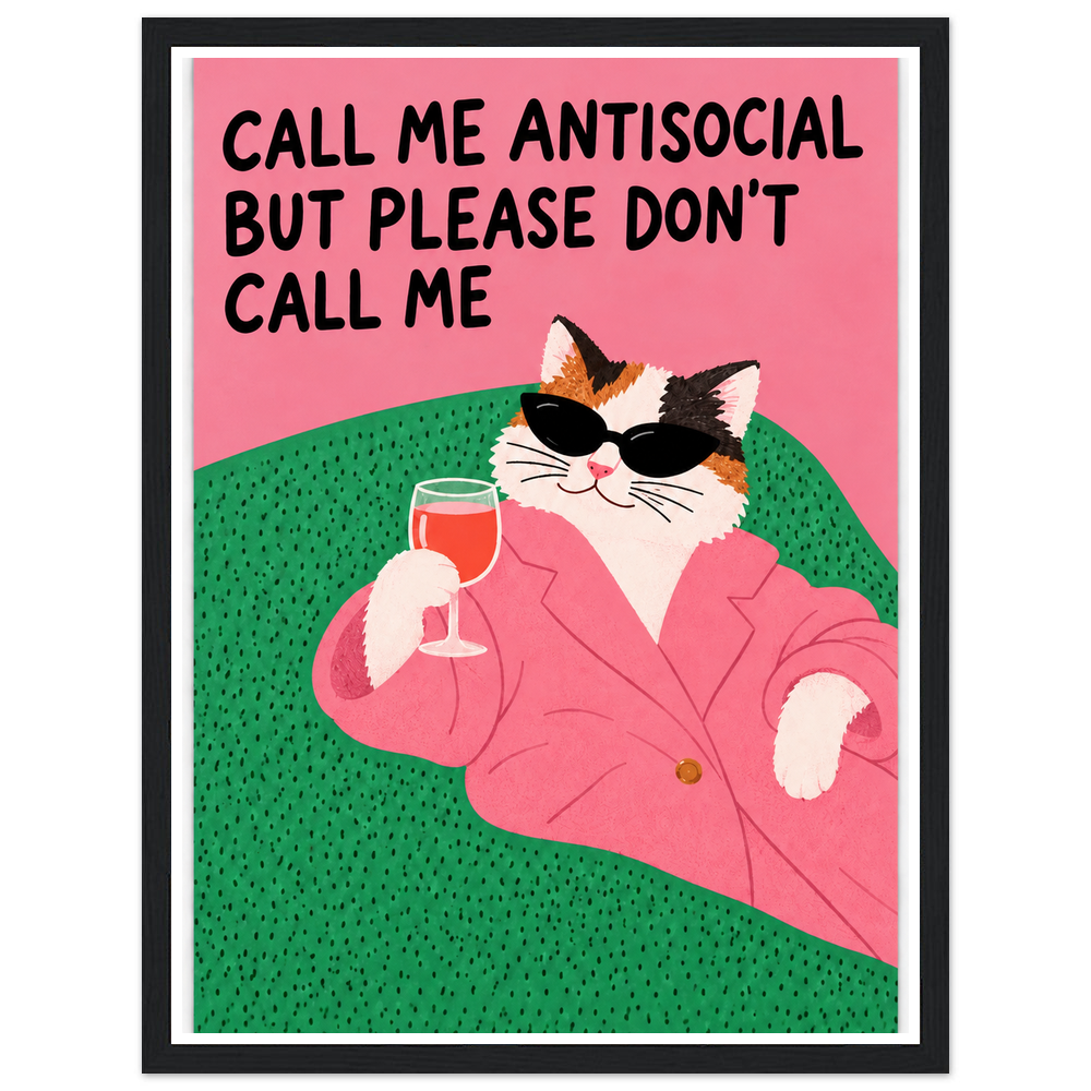 Calico cat in sunglasses and a pink blazer holding a drink, with an antisocial quote in a black frame.