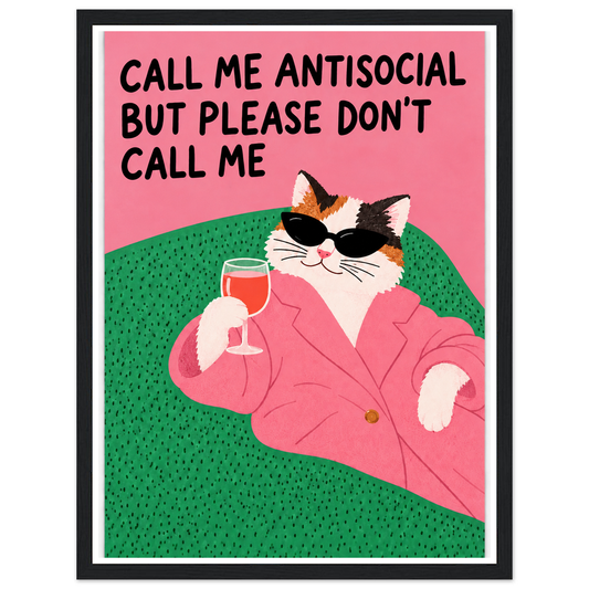 Calico cat in sunglasses and a pink blazer holding a drink, with an antisocial quote in a black frame.