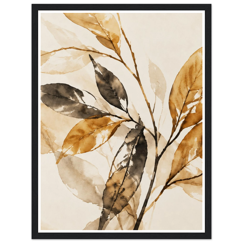 Ochre, charcoal and beige leaves on delicate branches against cream in a black frame.