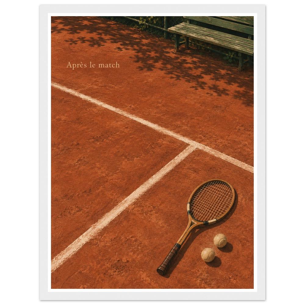 Wooden tennis racket and two balls on a terracotta court with leafy shadows in a white frame.