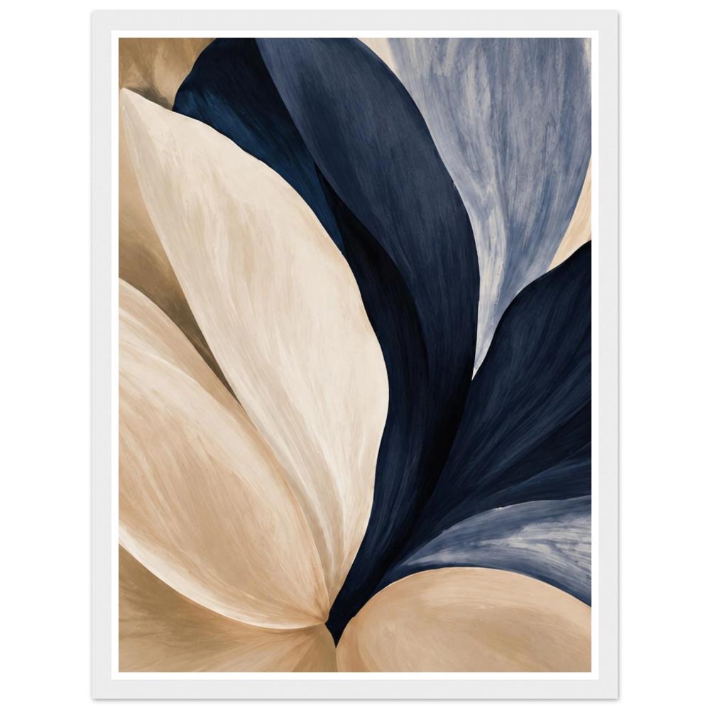 Overlapping navy, blue-grey and cream flower petals in close-up in a white frame.