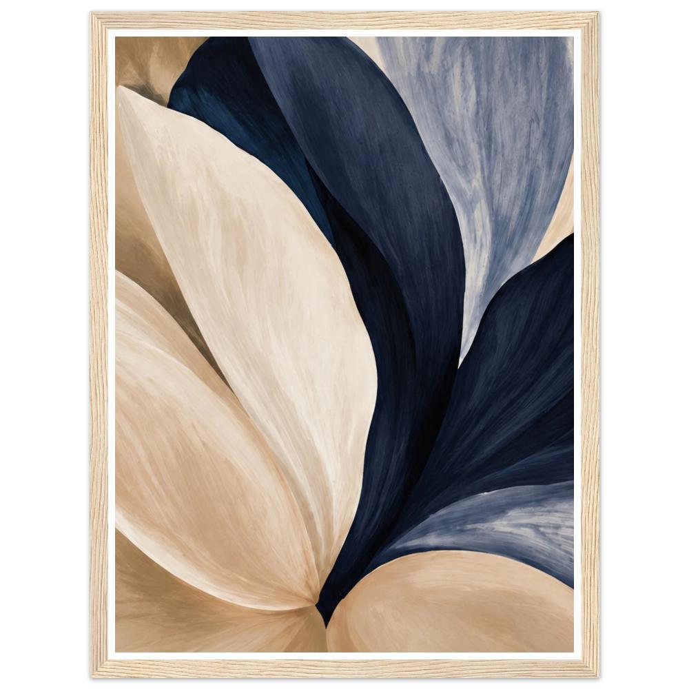 Overlapping navy, blue-grey and cream flower petals in close-up in a natural wood frame.