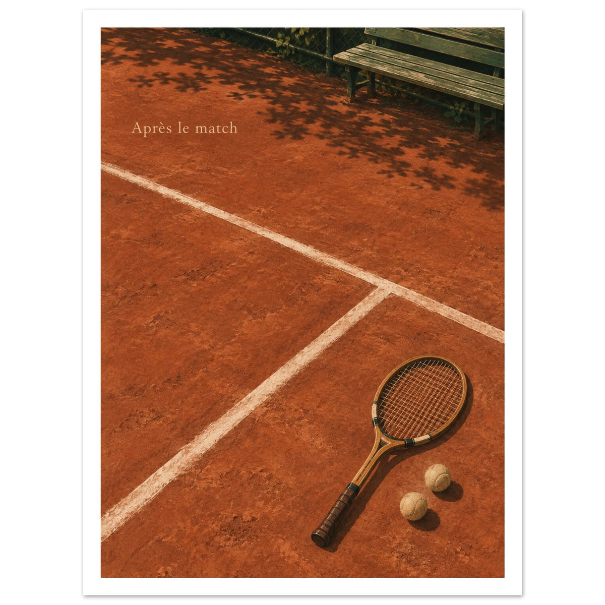 Wooden tennis racket and two balls on a terracotta court with leafy shadows as an unframed poster.