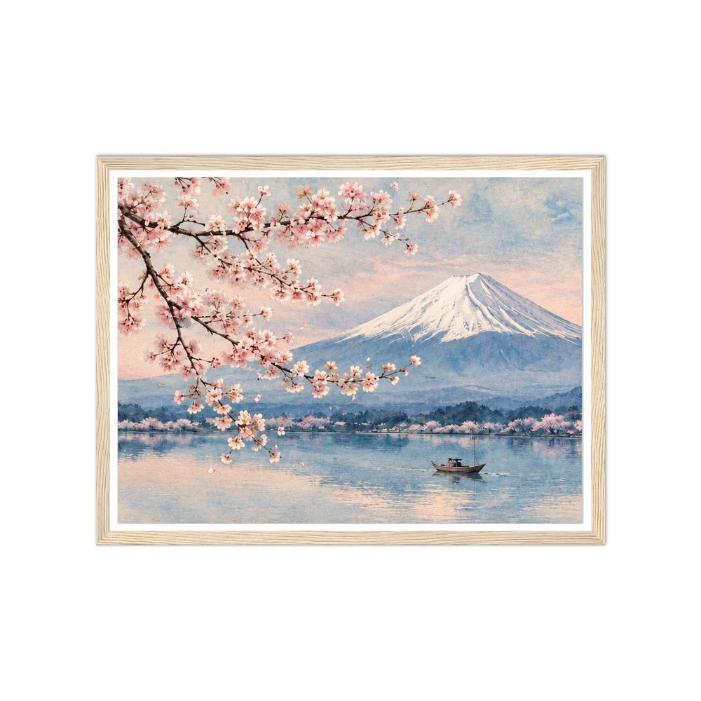 Pink cherry blossoms framing snow-capped Mount Fuji above a blue lake in a natural wood frame.