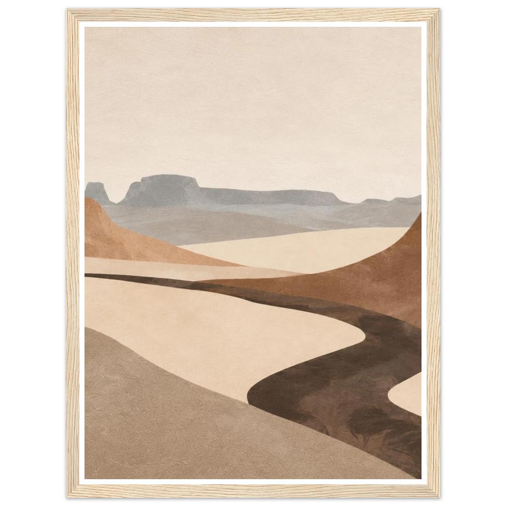 Dark winding river shape through beige desert dunes below grey mesas in a natural wood frame.