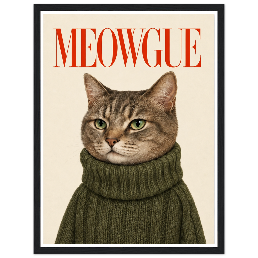 Green-eyed tabby cat in an olive jumper beneath red MEOWGUE lettering in a black frame.