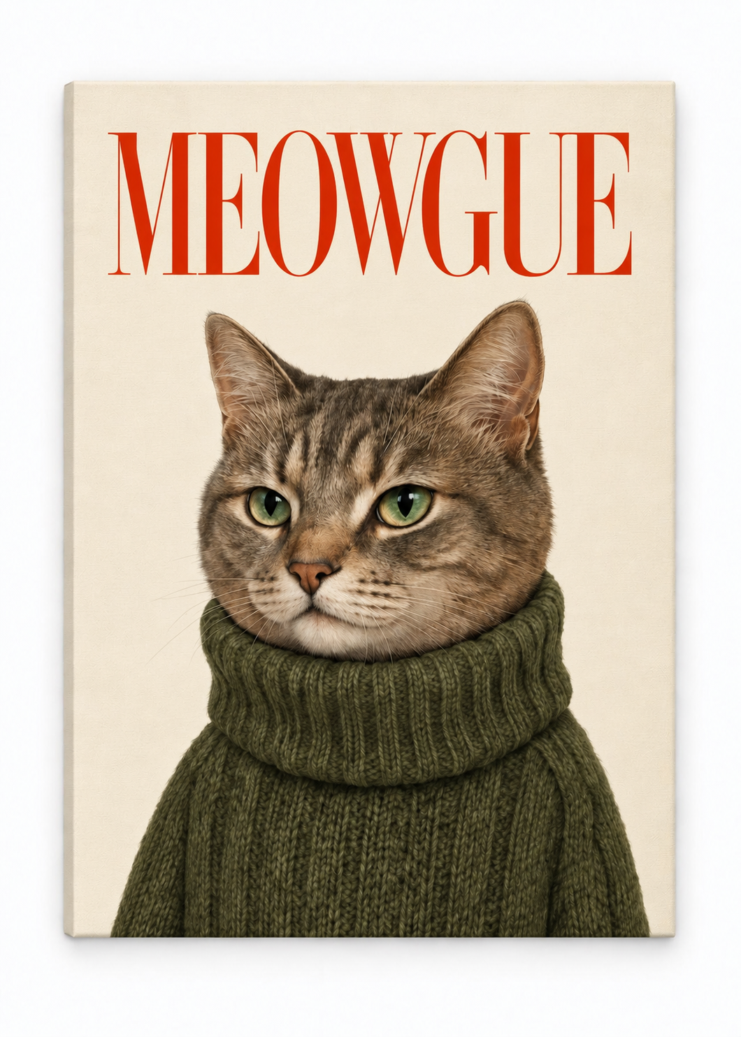 Green-eyed tabby cat in an olive jumper beneath red MEOWGUE lettering as a canvas print.