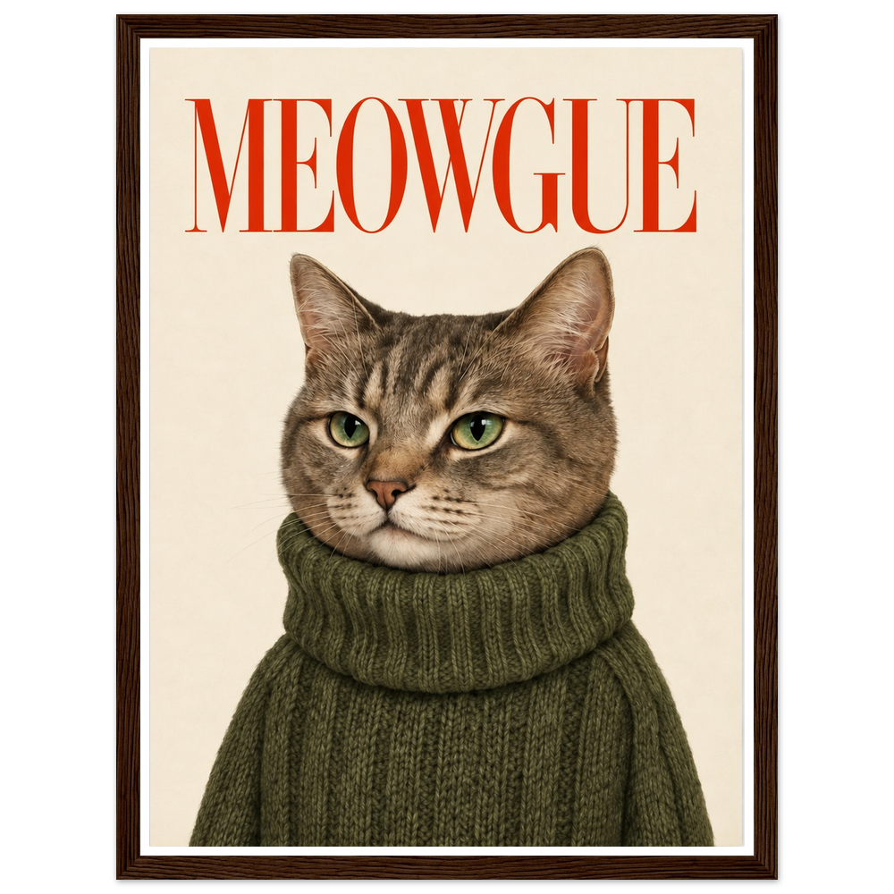 Green-eyed tabby cat in an olive jumper beneath red MEOWGUE lettering in a dark wood frame.