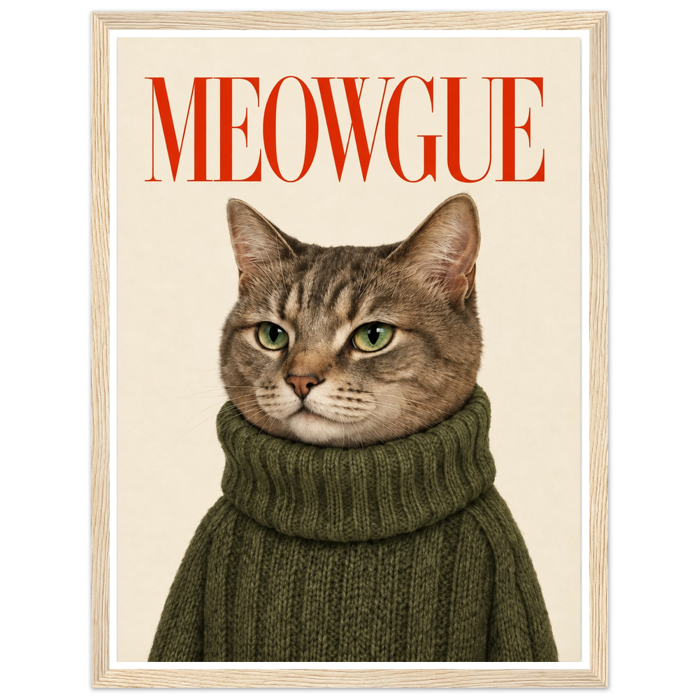 Green-eyed tabby cat in an olive jumper beneath red MEOWGUE lettering in a natural wood frame.