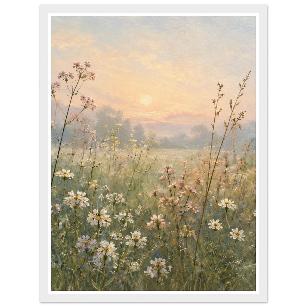 Daisies and pink wildflowers in a green meadow beneath a peach sunrise in a white frame.