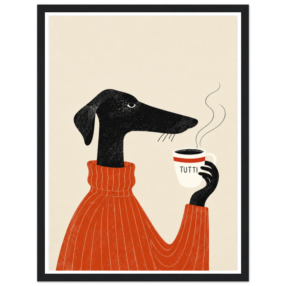 Black dachshund in an orange jumper holding a steaming coffee cup in a black frame.