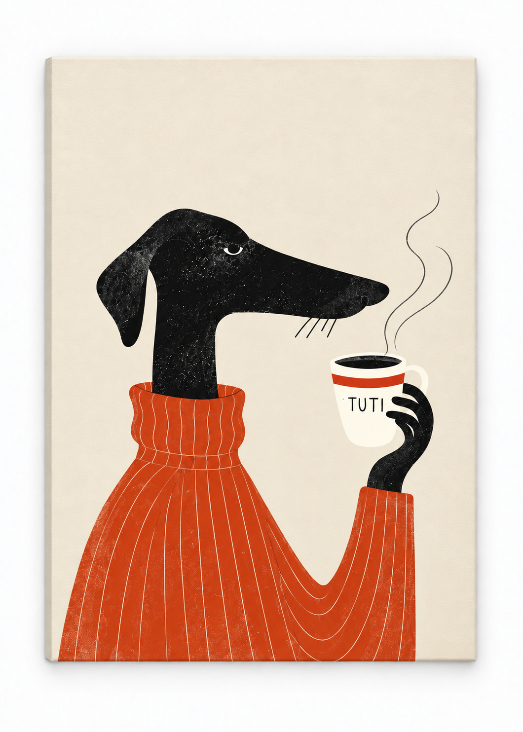 Black dachshund in an orange jumper holding a steaming coffee cup as a canvas print.