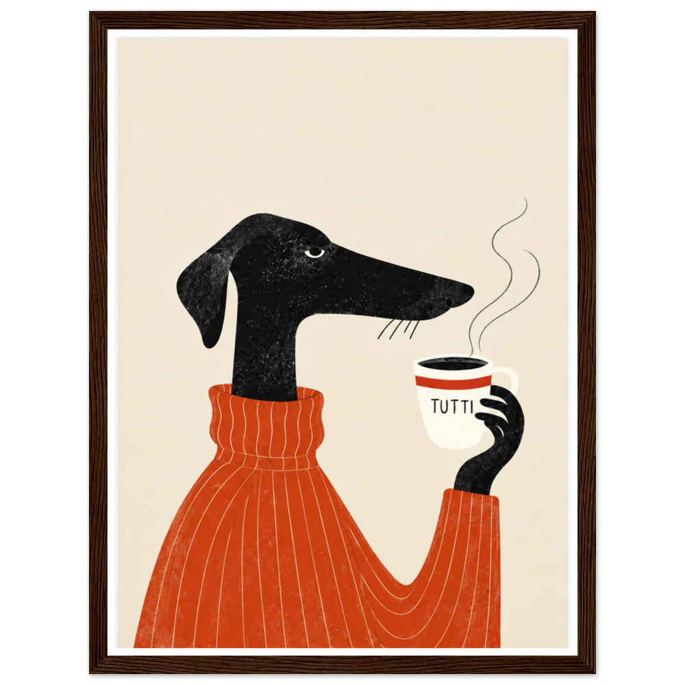 Black dachshund in an orange jumper holding a steaming coffee cup in a dark wood frame.