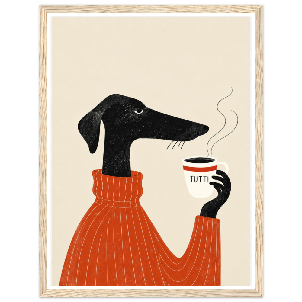 Black dachshund in an orange jumper holding a steaming coffee cup in a natural wood frame.