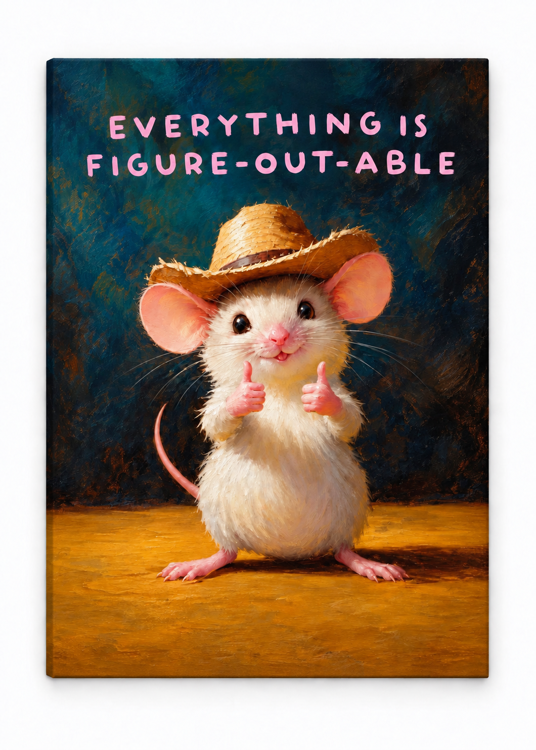 Cowboy mouse giving two thumbs up below Everything is figure-out-able lettering on canvas, shown from an angle.