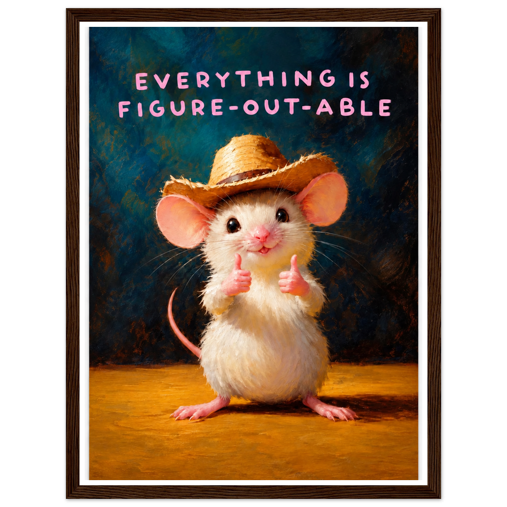 Cowboy mouse giving two thumbs up below Everything is figure-out-able lettering in a dark wood frame.