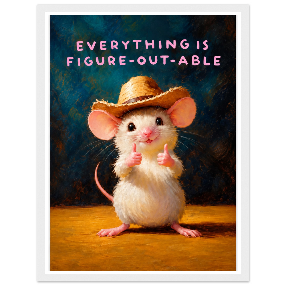 Cowboy mouse giving two thumbs up below Everything is figure-out-able lettering in a white frame.
