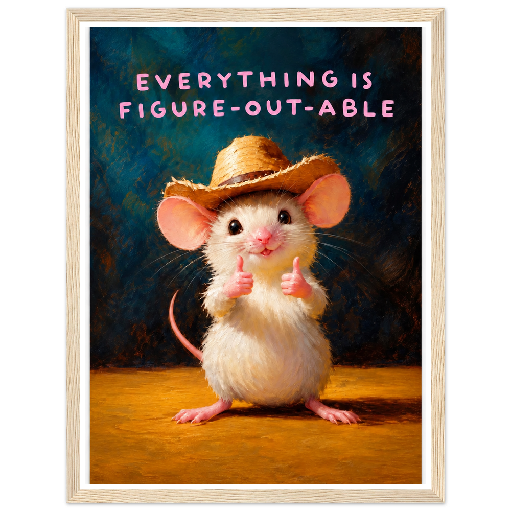 Cowboy mouse giving two thumbs up below Everything is figure-out-able lettering in a natural wood frame.