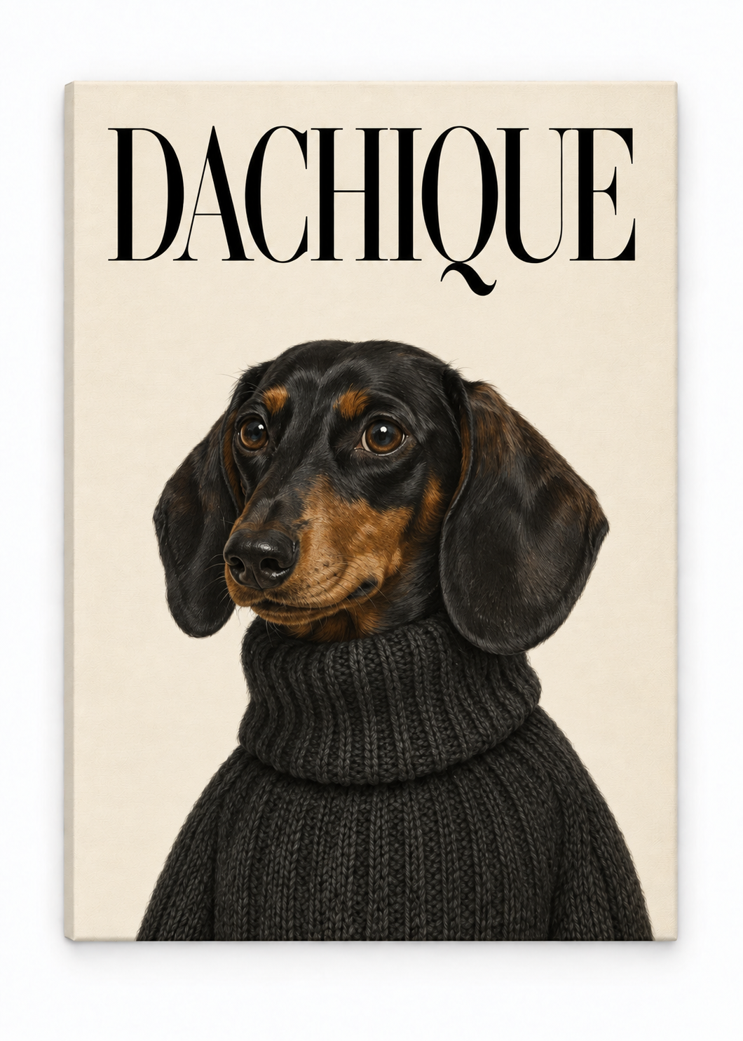 Black-and-tan dachshund in a dark knitted jumper beneath DACHIQUE lettering as a canvas print.