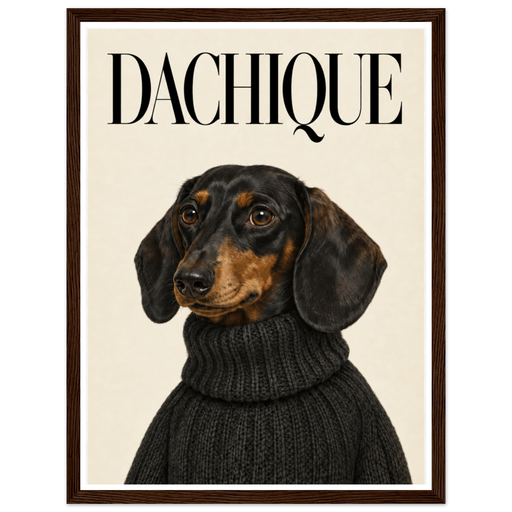 Black-and-tan dachshund in a dark knitted jumper beneath DACHIQUE lettering in a dark wood frame.